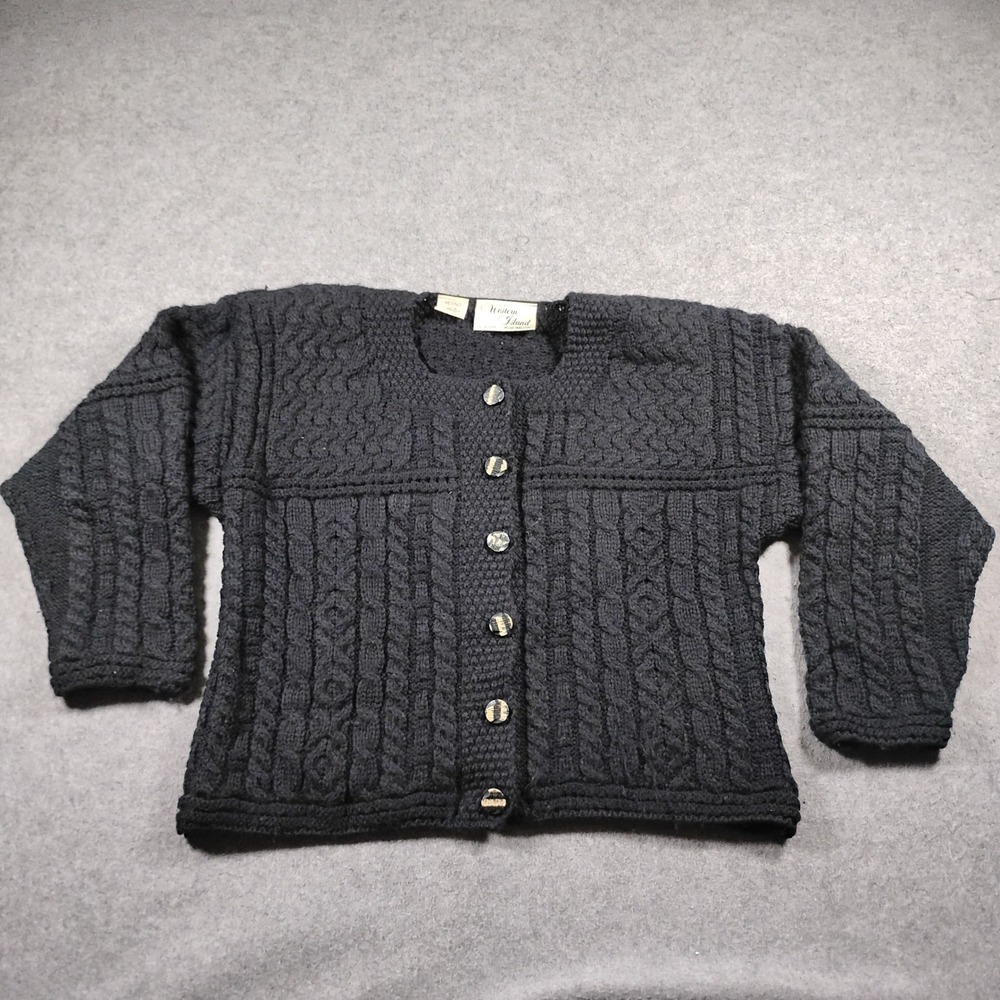 Western Island Ireland Merino Wool Black Aran Cable Knit Cardigan Sweater Small